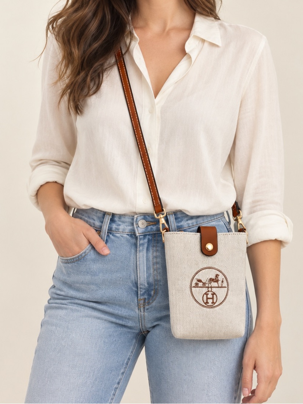 GWP Hermes Canvas Crossbody Phone Bag with Brown Trim Make Up Bag only